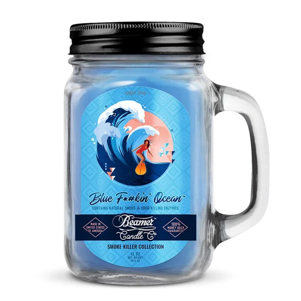 1001|AC-CN1001BFO| Beamer Candle Co. 12oz Glass Mason Jar - Blue F*#ckin' Ocean