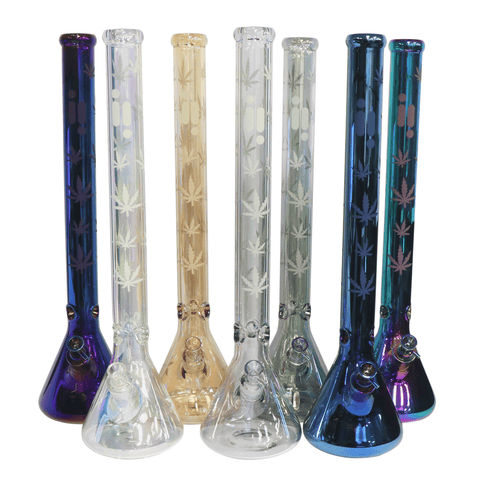 1774.4 24" Water Pipe with Beaker Base Chrome Finish with Leaf Design Color Tube Beaker